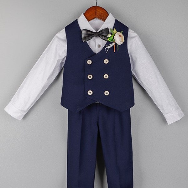 Baby Boy Wedding Outfit Navy Blue 4 pieces : Long Sleeve Shirt Vest Trousers and Bow Tie 12 months to 6 years old