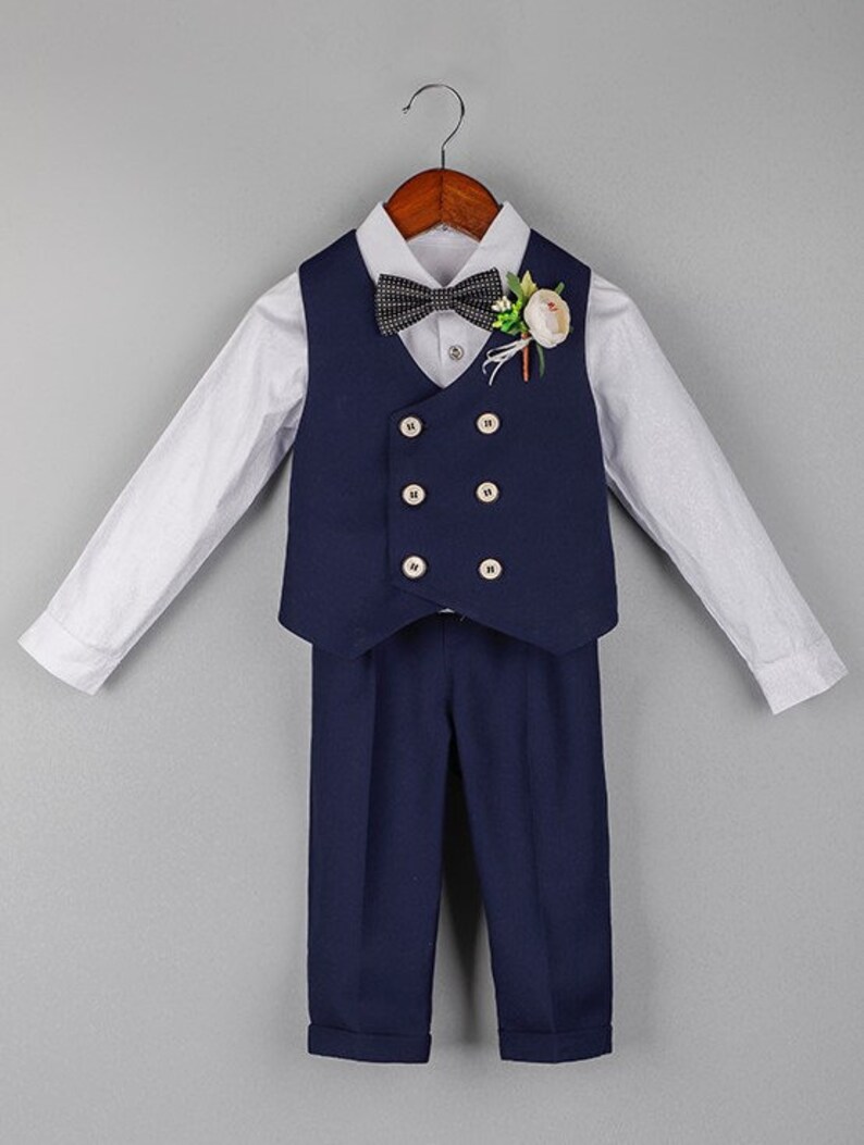 Baby Boy Wedding Outfit Navy Blue 4 pieces : Long Sleeve Shirt Vest Trousers and Bow Tie 12 months to 6 years old image 1