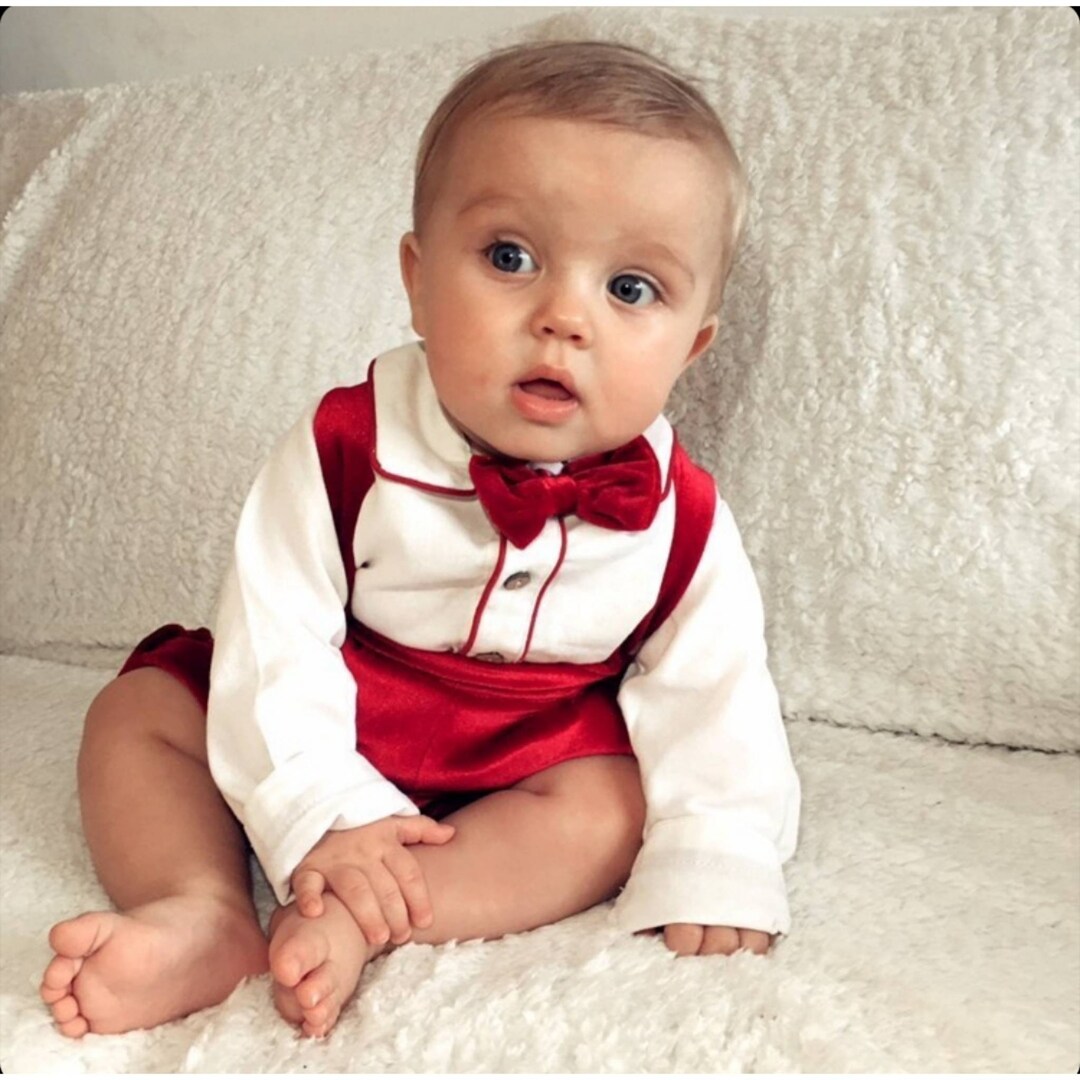 Toddler Boy Christmas Outfit, Clothing Set, White Blouse, Red Velvet