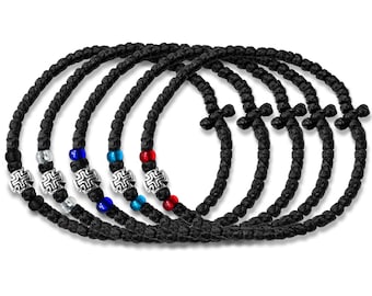 Blessed Komboskini | Made in Greece | Orthodox Thin Black Cross Prayer Rope | Chotki | Greek Serbian Romanian Orthodox Rosary Bracelet Gift