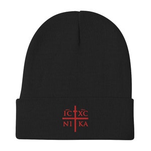 May include: Black beanie with a red embroidered cross and the text "IC XC NI KA".