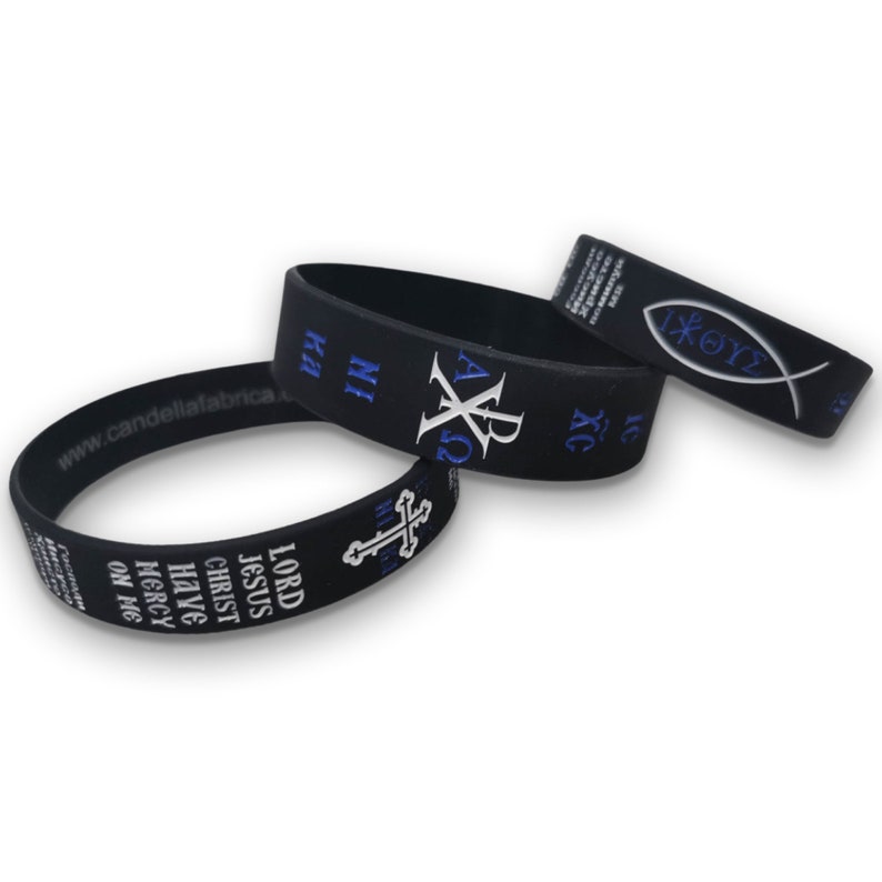 Prayer Wristband Features enamel filled “engraved” Orthodox ICXCNIKA Cross Jesus Fish, The Christ Christogram & Jesus Prayer "Lord Jesus Christ Have Mercy On Me" in English, Greek & Russian.