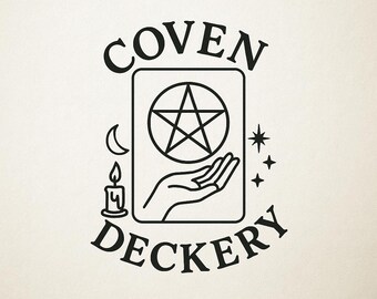 May include: Black and white illustration featuring the text "COVEN DECKERY". The design includes a hand holding a pentagram, a crescent moon, a lit candle, and stars. The image has a vintage, mystical aesthetic.