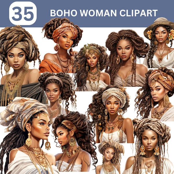 Bohemian Black Woman clipart, Watercolor Boho clipart, Fashion Clipart Bundle, Junk Journal, Commercial Use, Digital Download