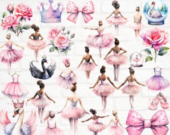 Balletdans clipart voor kinderkamer kunst aan de muur, aquarel roze ballerina clipart bundel, Swan Lake clipart, schattige ballerina PNG, aquarel PNG
