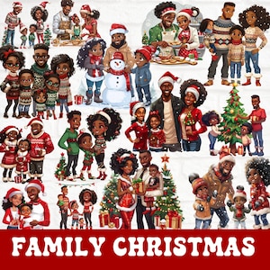 Pakiet clipartów Black Family Christmas, cliparty rodzinne na święta, akwarelowe świąteczne rodzinne, cliparty świąteczne, wigilia Bożego Narodzenia, pobieranie cyfrowe