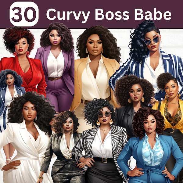 Curvy Boss Babe Clipart Bundle, African American Boss Babe Clipart, African American Women clipart bundle, Women of color business bundle