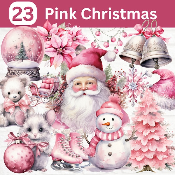 Pink Christmas Clipart Bundle, Watercolor Pink Christmas Clipart, Pastel Winter Clipart Bundle, Pink Santa Clipart, Pink Snowman Clipart
