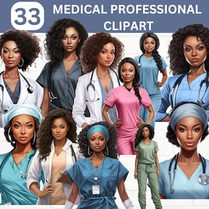 Medizinisches professionelles Clipart-Bundle, schwarzer Arzt Clipart, schwarze Krankenschwester Clipart, afroamerikanischer Arzt Clipart, Krankenschwester Clipart