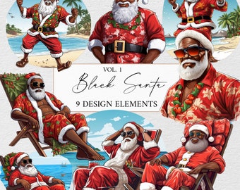 May include: Nine digital illustrations of Black Santa Claus in various poses. Some are wearing traditional Santa suits, others are wearing Hawaiian shirts, and some are relaxing on beach chairs. The text "Vol. 1 Black Santa 9 Design Elements" is at the bottom of the image.