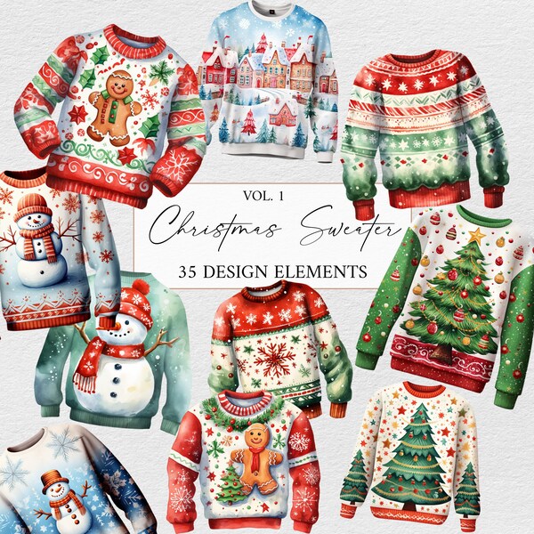 Christmas Sweater Clipart, Ugly Christmas Sweater PNG, Christmas Clipart Bundle, Winter Clipart Bundle, Santa Clipart, Festive Clipart PNG