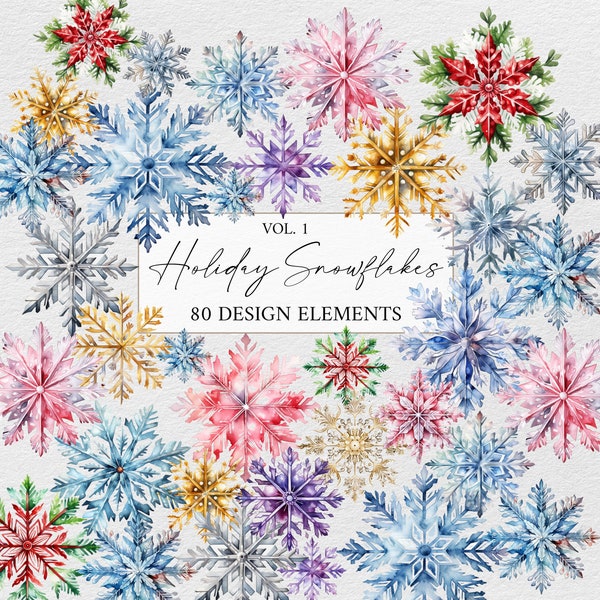 Snowflake Clipart Bundle, Watercolor Snowflake Clipart, Holiday Clipart Bundle, Christmas Clipart Bundle, Winter Snowflake Sublimation PNG