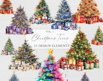 Christmas Tree Clipart Bundle, Watercolor Christmas Clipart, Christmas Presents Clipart, Christmas Sublimation Design, Christmas Tree PNG