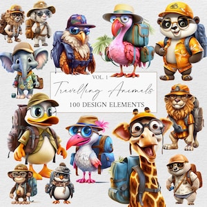 Lindo paquete de imágenes prediseñadas de animales, imágenes prediseñadas de regreso a la escuela, imágenes prediseñadas de animales de aventura, sublimación de animales que viajan, paquete de imágenes prediseñadas de animales de bebé