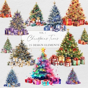 Christmas Tree Clipart Bundle, Watercolor Christmas Clipart, Christmas Presents Clipart, Christmas Sublimation Design, Christmas Tree PNG