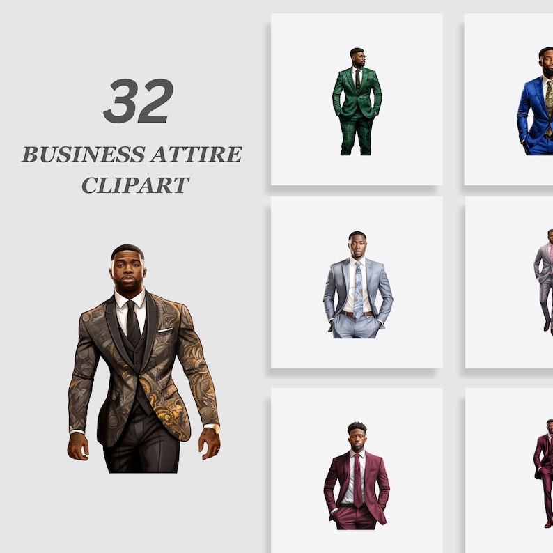 May include: A collection of 32 digital clipart images featuring men in various business attire. The men are wearing suits in different colors and patterns, including a gold patterned suit, a green suit, a blue suit, a gray suit, and a burgundy suit.