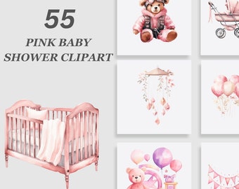 Pink Nursery Decor PNG Bundle, Pink Teddy Bear Clipart Bundle, Pink Baby Shower Clipart PNGs, Baby Shower PNG, 1st Birthday Party Clipart