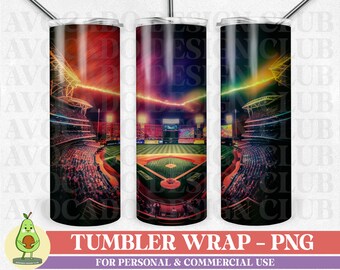 Envoltura de vaso de béisbol, Diseño de sublimación de envoltura de vaso de estadio de béisbol de neón, Envoltura de vaso flaco de 20 oz, Envoltura de vaso deportivo PNG, Deportes PNG