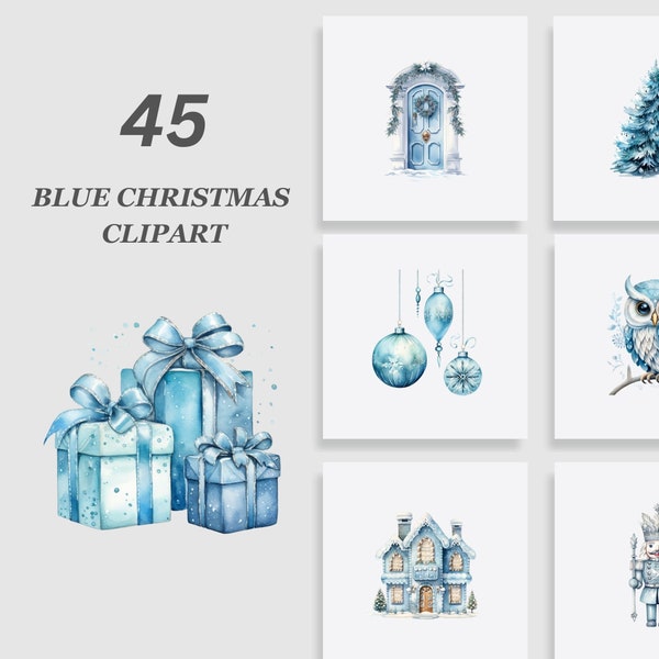 Watercolor Blue Christmas Clipart Bundle, Blue Santa Clipart, Icy Blue Winter Clipart, Baby Blue Christmas PNG, Merry Christmas PNG