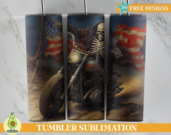 Motorcycle Skeleton Tumbler Wrap, Halloween Tumbler Design, 20 oz Skinny Tumbler Sublimation Design, USA Skull Sublimation Tumbler Design