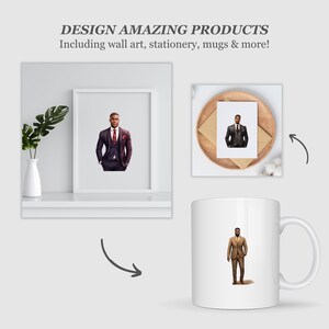 May include: A mockup of a design featuring a man in a suit. The design is shown on a framed print, a mug, and a card. The text "DESIGN AMAZING PRODUCTS" is at the top of the image. The text "Including wall art, stationery, mugs & more!" is below the text "DESIGN AMAZING PRODUCTS".