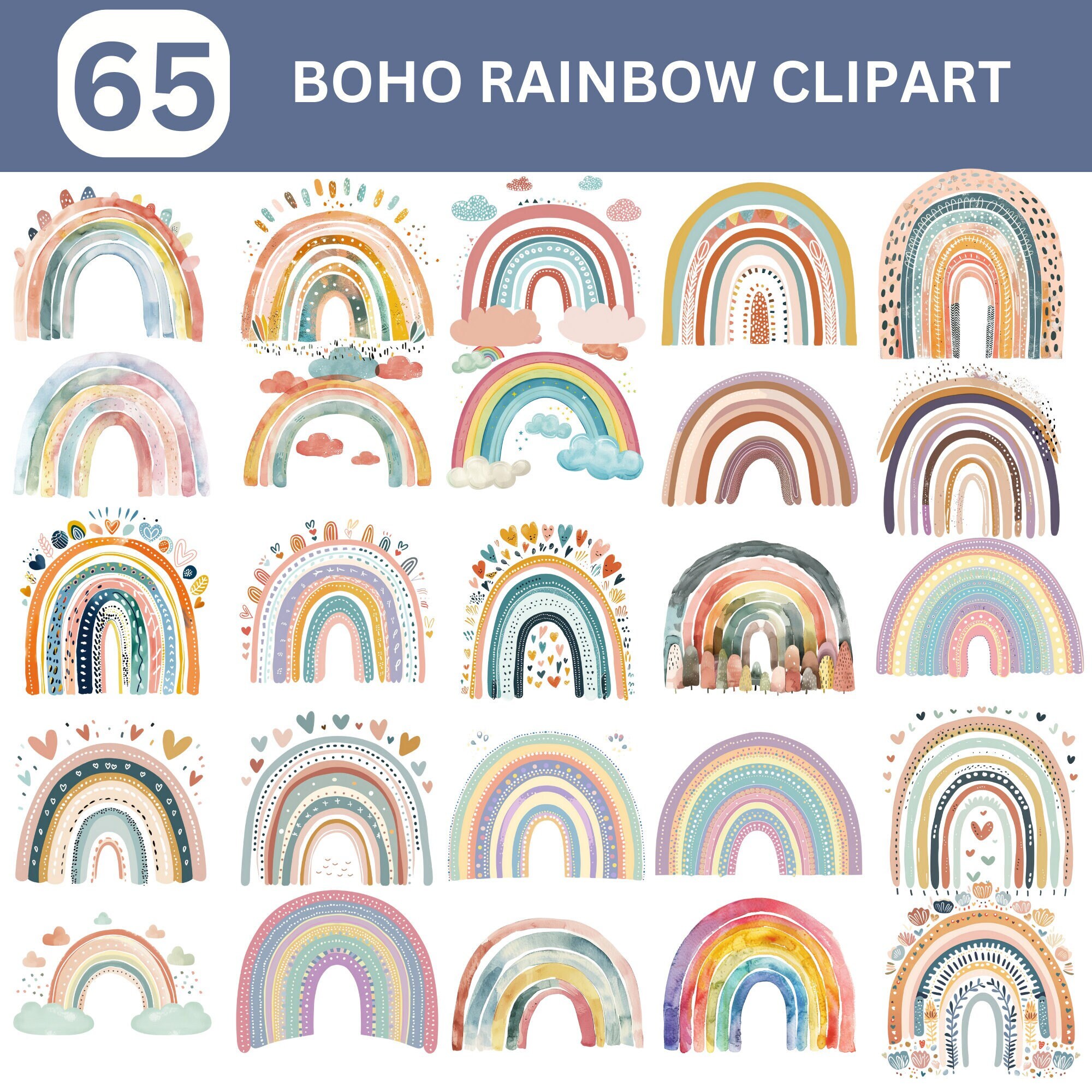 Watercolor rainbow Clipart Bundle, Boho Rainbow Clipart Bundle, Scandinavian Rainbow clipart, pastel rainbow, boho hand drawn rainbow