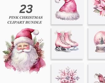 Watercolor Pink Christmas Clipart Bundle, Pink Santa Clipart, Pink Winter Clipart, Pink Christmas PNG, Merry Christmas PNG, Pink Sublimation