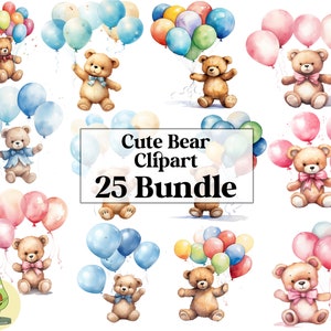25 Cute Bear with Balloon Clipart, Baby Shower Clipart, Watercolor Bear, Watercolor Gender reveal, Cute Bear Clipart, Clipart Bundle