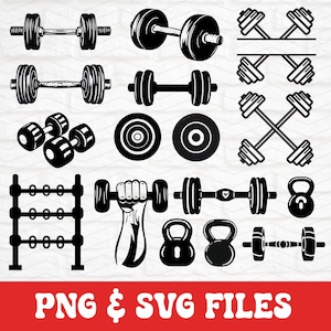 May include: A set of black and white SVG and PNG files featuring various gym and fitness equipment, including dumbbells, barbells, kettlebells, and a weight rack. The files are perfect for creating custom designs for t-shirts, mugs, and other products.