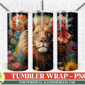 Lion Tumbler Wrap PNG, Floral Lion Tumbler Design, Animal Kingdom Tumbler Wrap, 20 oz Skinny Tumbler Wrap Sublimation Design, Tumbler Wrap