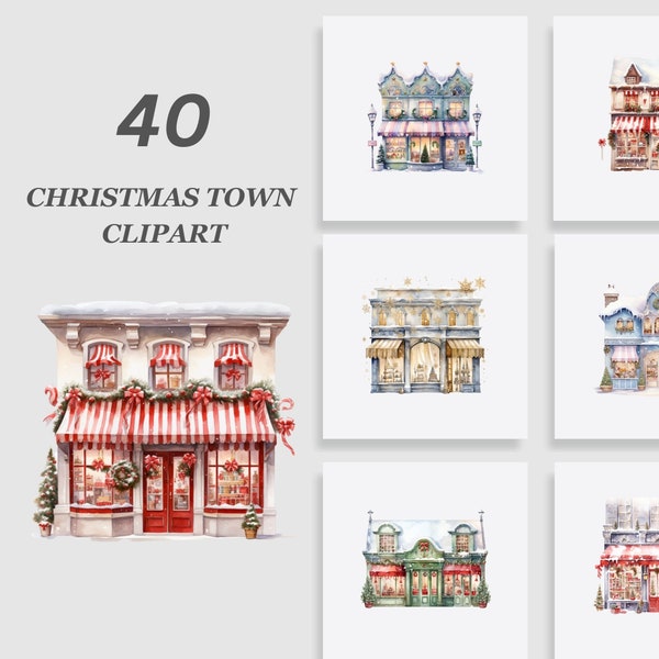 Cute Christmas Storefront Clipart bundle, Watercolor christmas clipart bundle, Holiday Village Clipart, Cute Christmas Town Clipart