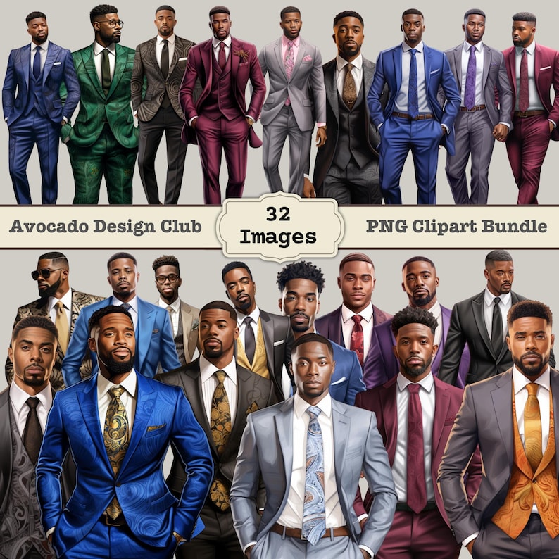 May include: A digital clipart bundle of 32 images featuring men in suits. The men are of various skin tones and have different hairstyles. The suits are in a variety of colors and patterns, including blue, green, red, and black. The images are in PNG format and are suitable for use in digital projects.