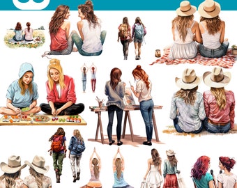 May include: 35 illustrations of best friends in various poses and settings. The illustrations feature women in different outfits and activities, such as painting, eating sushi, hiking, and doing yoga.