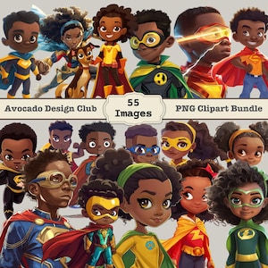 Pacchetto di clipart di supereroi, pacchetto di clipart di supereroi afroamericani, clipart di inviti fai da te per feste di compleanno, sublimazione di supereroi, supereroe