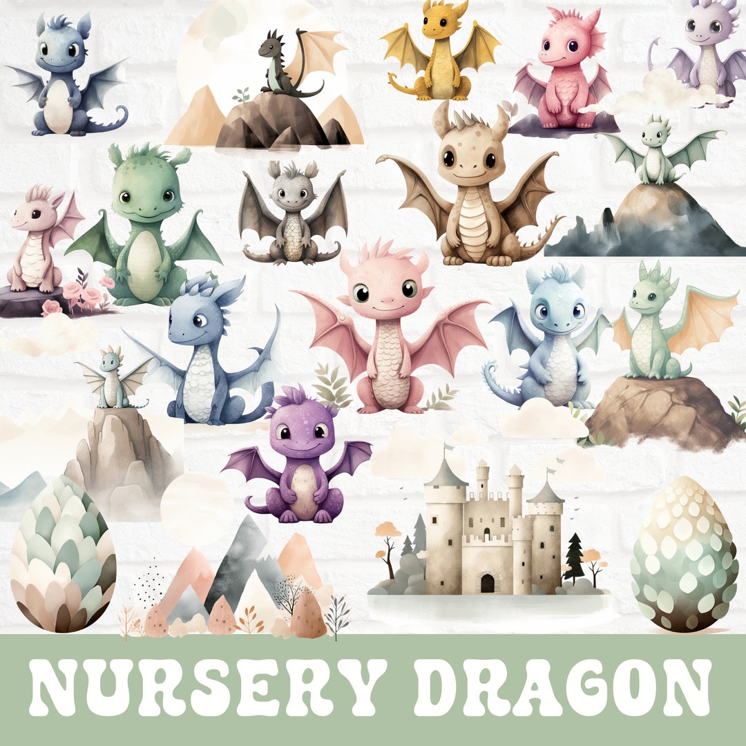 Baby Dragon Clipart Bundle, Nursery Artwork, Dragon Watercolor Clipart ...