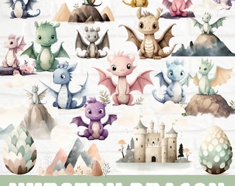 Baby Dragon Clipart Bundle, Nursery artwork, Dragon Watercolor Clipart, Cute Dragon PNG, Nursery Wall art, Pastel Baby Dragon Bundle