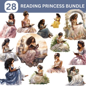 Reading Princess Clipart Bundle, African American Princess, Black Magic Clipart, Black Princess, Digital Download, Commercial Use