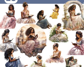 Reading Princess Clipart Bundle, African American Princess, Black Magic Clipart, Black Princess, Digital Download, Commercial Use