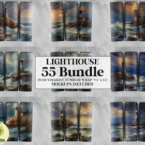 May include: A collection of 20 oz straight tumbler wraps featuring lighthouse designs. The wraps showcase a variety of coastal scenes with lighthouses, stormy seas, and dramatic skies. The text on the image reads "Lighthouse 55 Bundle". The wraps measure 9.3" x 8.2".