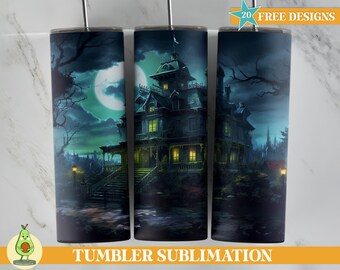 Diseño espeluznante de vaso de Halloween, envoltura de vaso de casa encantada, sublimación de vaso flaco de 20 oz, envoltura de vaso espeluznante, envoltura de vaso de terror