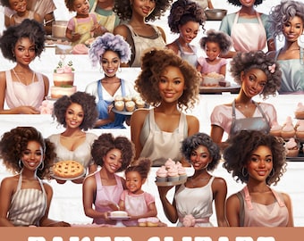 Baker Girl Clipart Bundle, Black Girl Clipart, Black Girl Magic, Baking Graphics, Watercolor, Junk Journal, Cooking Clipart, Kitchen Clipart