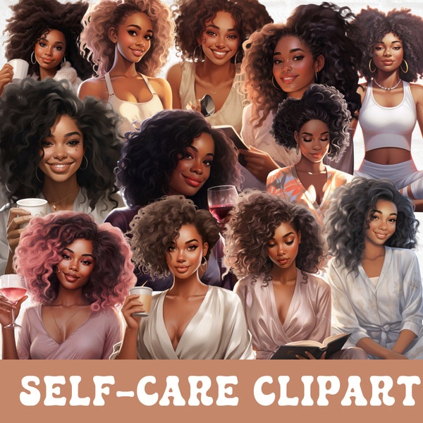 Black Women Clipart, Pretty Girl Clipart, Watercolor Self Care Clipart, Beauty Clipart, Fitness Girl Clipart, Spa Time Clipart, Cozy Clipart