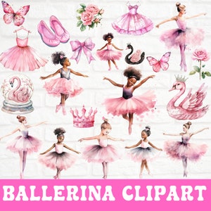 Ballet Dance Clipart for Nursery Wall Art, Watercolor Pink Ballerina Clipart Bundle, Swan Lake Clipart, Cute Ballerina PNG, Watercolor PNG