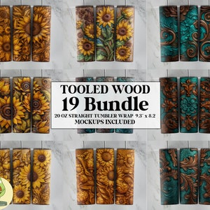 Tooled Leather Tumbler Wrap Bundle, Sunflower Tooled Leather Tumbler PNG, Rustic Leather Tumbler Wrap, 20oz Skinny Tumbler Sublimation