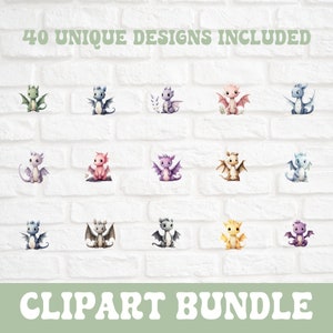 K&ouml;nnte beinhalten: Ein Set mit 40 einzigartigen digitalen Clipart-Designs mit niedlichen Cartoon-Drachen in verschiedenen Farben, darunter Lila, Rosa, Blau, Gr&uuml;n und Gelb. Die Drachen sitzen auf einem wei&szlig;en Ziegelhintergrund. Der Text "40 UNIQUE DESIGNS INCLUDED" und "CLIPART BUNDLE" befindet sich oben und unten im Bild.