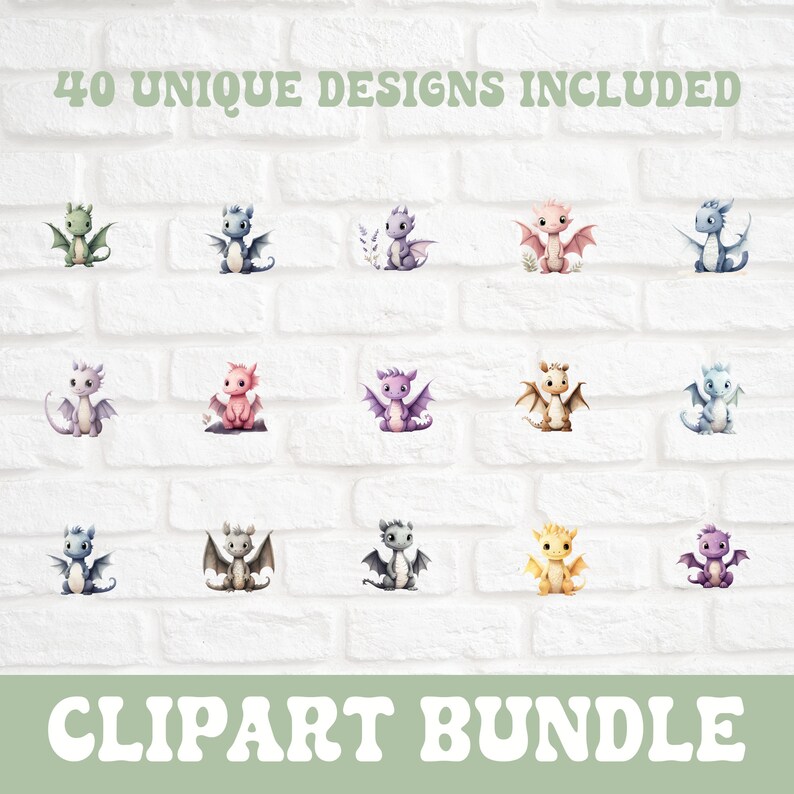K&ouml;nnte beinhalten: Ein Set mit 40 einzigartigen digitalen Clipart-Designs mit niedlichen Cartoon-Drachen in verschiedenen Farben, darunter Lila, Rosa, Blau, Gr&uuml;n und Gelb. Die Drachen sitzen auf einem wei&szlig;en Ziegelhintergrund. Der Text "40 UNIQUE DESIGNS INCLUDED" und "CLIPART BUNDLE" befindet sich oben und unten im Bild.