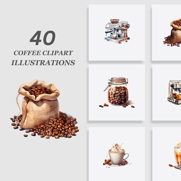 Watercolor Coffee Clipart Bundle, Coffee Bean Clipart, Coffee Maker Clipart, Coffee Illustration, Coffee Bean Bag Illustration, Coffee PNG