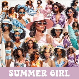Summer Girl Clipart Bundle, Summer Fashion, Black Girl Fashion, Black Girl Clipart, Black Woman Clipart, Black girl magic, Floral Fashion
