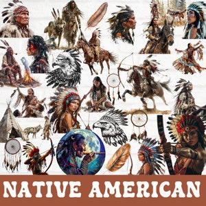 May include: A collection of digital illustrations featuring Native American themes. The images include people wearing traditional clothing, animals, dreamcatchers, feathers, and other symbols. The text "NATIVE AMERICAN" is displayed at the bottom of the image.