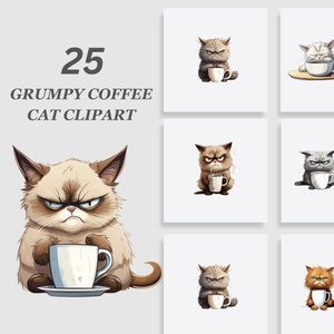 May include: A set of 25 digital illustrations featuring grumpy cats drinking coffee. The cats are in various poses and expressions, and each one is holding a cup of coffee. The illustrations are perfect for use in digital projects, such as websites, social media, and email marketing.
